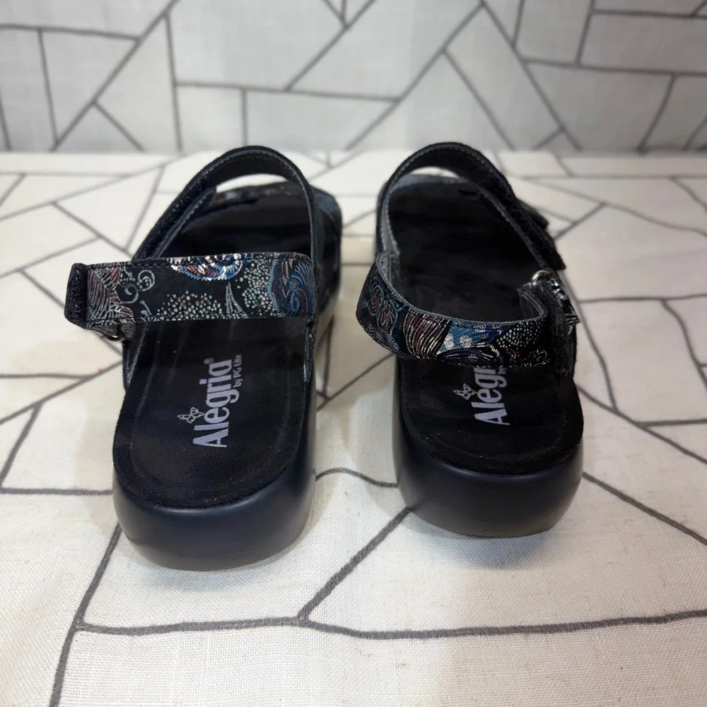 Alegria Platform Sandals Size 38 Black Metallic Paisley Brocade Leather BAI-611